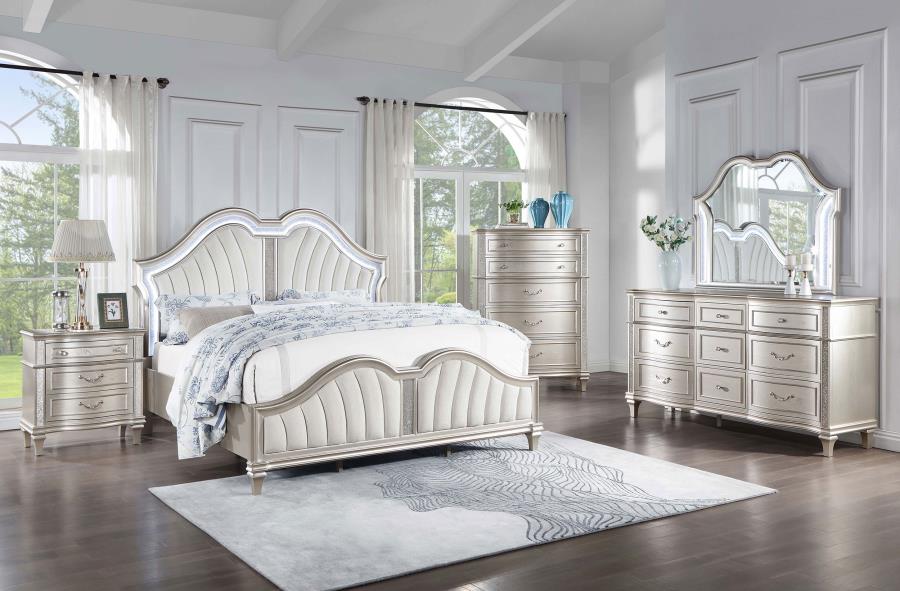 Eva 5-piece Upholstered Platform Queen Bedroom Set Ivory and Silver Oak