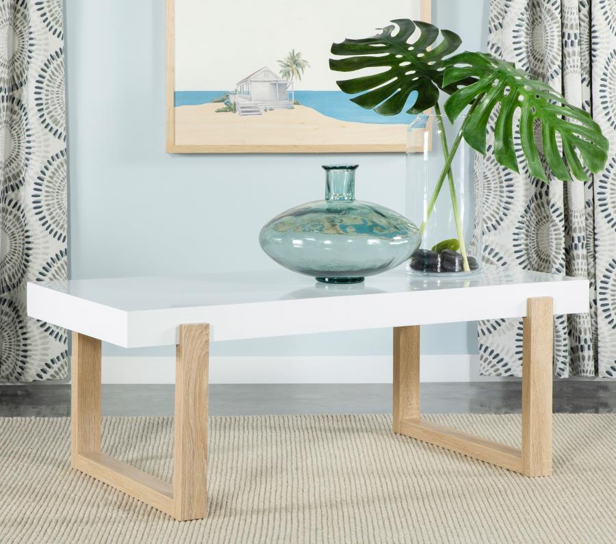 Nancy Rectangular Coffee Table with Sled Base White High Gloss and Natural
