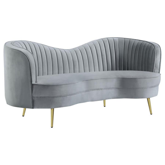 Zoe Upholstered Loveseat with Camel Back Grey and Gold