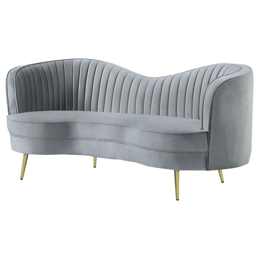 Zoe Upholstered Loveseat with Camel Back Grey and Gold