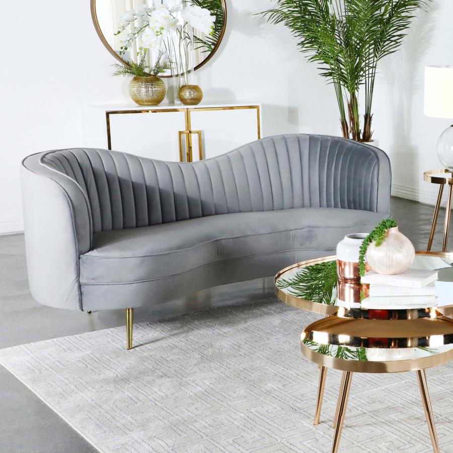 Zoe Upholstered Loveseat with Camel Back Grey and Gold