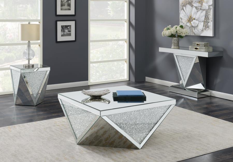 Alba Square Coffee Table with Triangle Detailing Silver and Clear Mirror