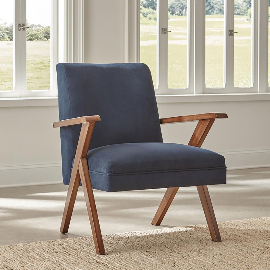 Cindy Wooden Arms Accent Chair Dark Blue and Walnut