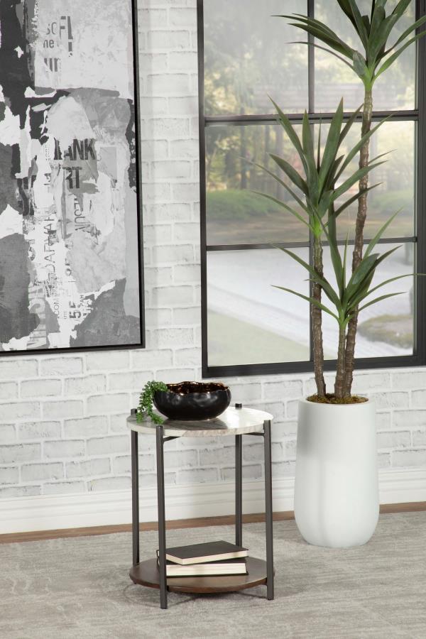 Ali Round Accent Table with Marble Top White and Gunmetal